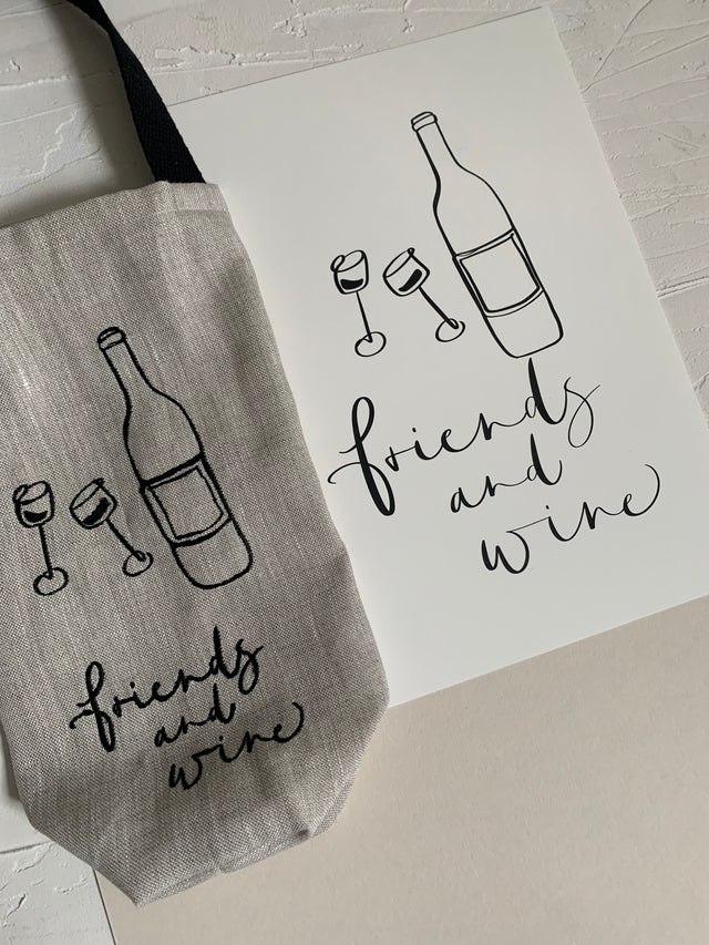 'Friends and Wine' Natural Linen Wine Bag